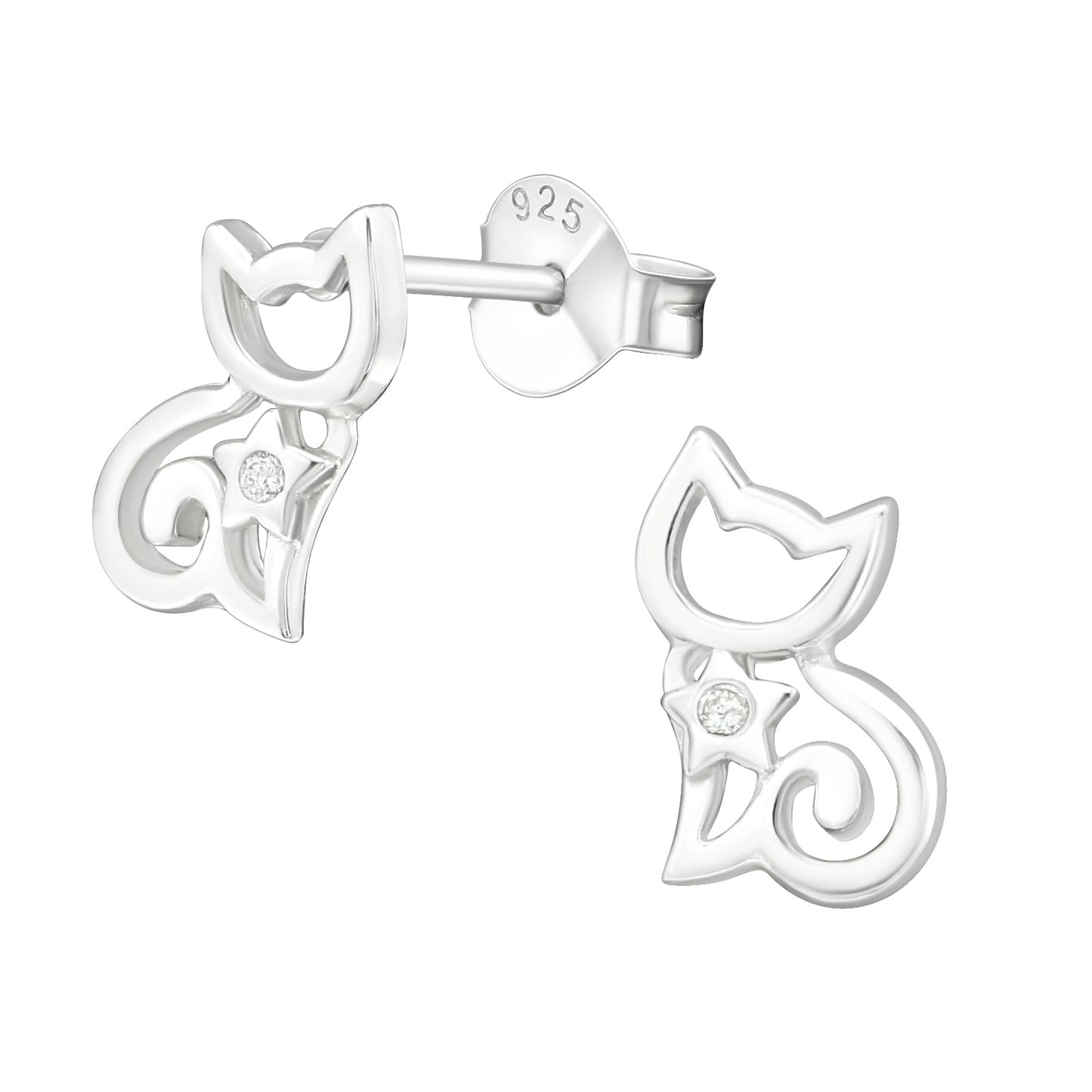 Sterling silver cat-shaped stud earrings with zircons for girls. Stříbrné dětské náušnice ve tvaru kočičky se zirkonem. Ohrstecker aus Sterlingsilber in Katzenform mit Zirkonia für Mädchen
