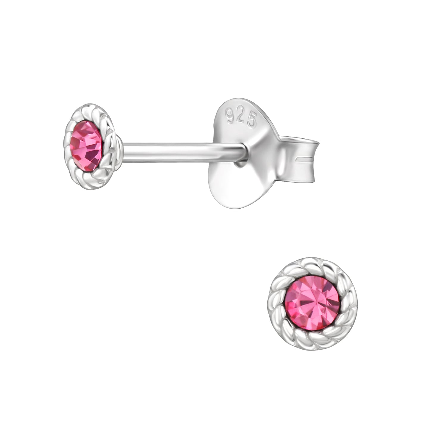Children's sterling silver stud earrings with pink sparkling crystal. Dětské stříbrné peckové náušnice s růžovým třpytivým krystalem. Kinderohrringe aus Silber mit rosa Kristal.
