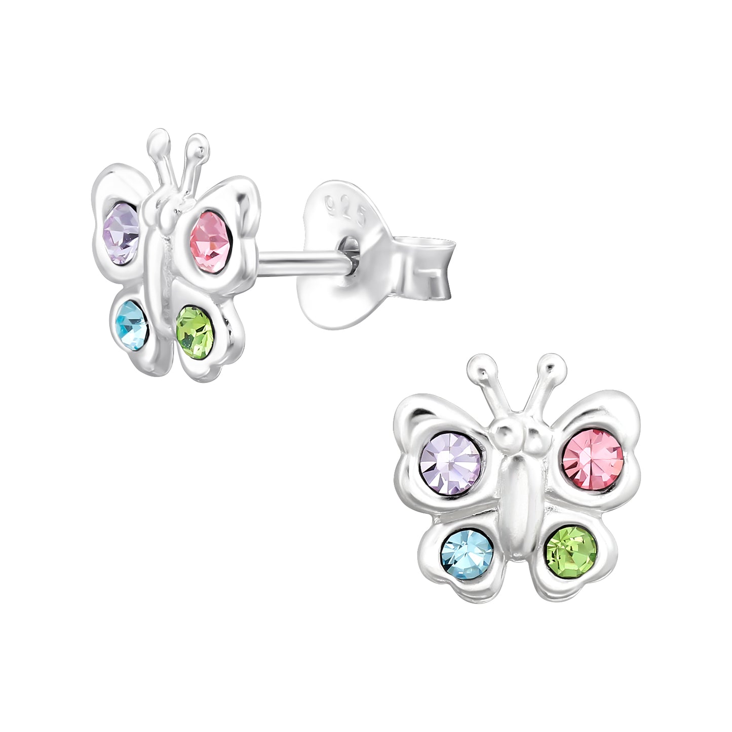 Children’s silver butterfly stud earrings with multicolor crystals. Dětské stříbrné náušnice ve tvaru motýlků s barevnými krystaly. Silberne Schmetterlingsohrringe für Kinder mit bunten Steinen Kristallen.