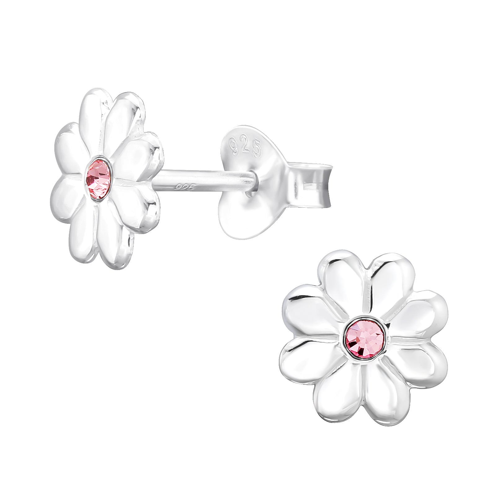 Floral stud earrings for girls with pink crystal. Květinové peckové náušnice pro dívky s růžovým krystalem uprostřed. Blumen-Ohrstecker mit rosa Krystall in der Mitte für Kinder.