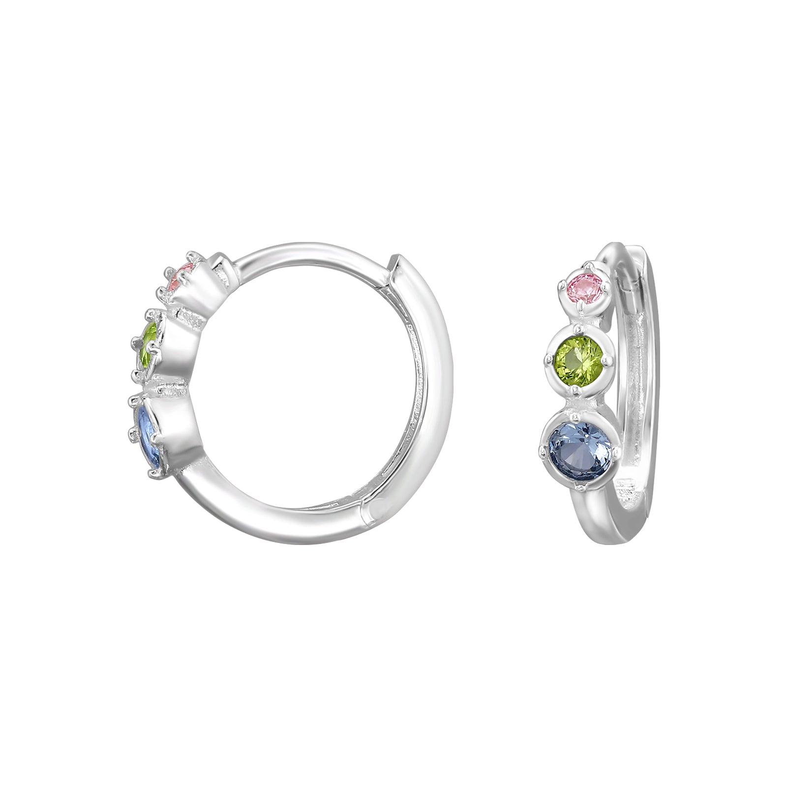 Sterling silver hoop earrings with pastel-colored cubic zircons for girls. Stříbrné kruhové náušnice s pastelovými zirkony pro holčičky. Silberne Creolen mit Zirkonia in Pastellfarben für Mädchen.