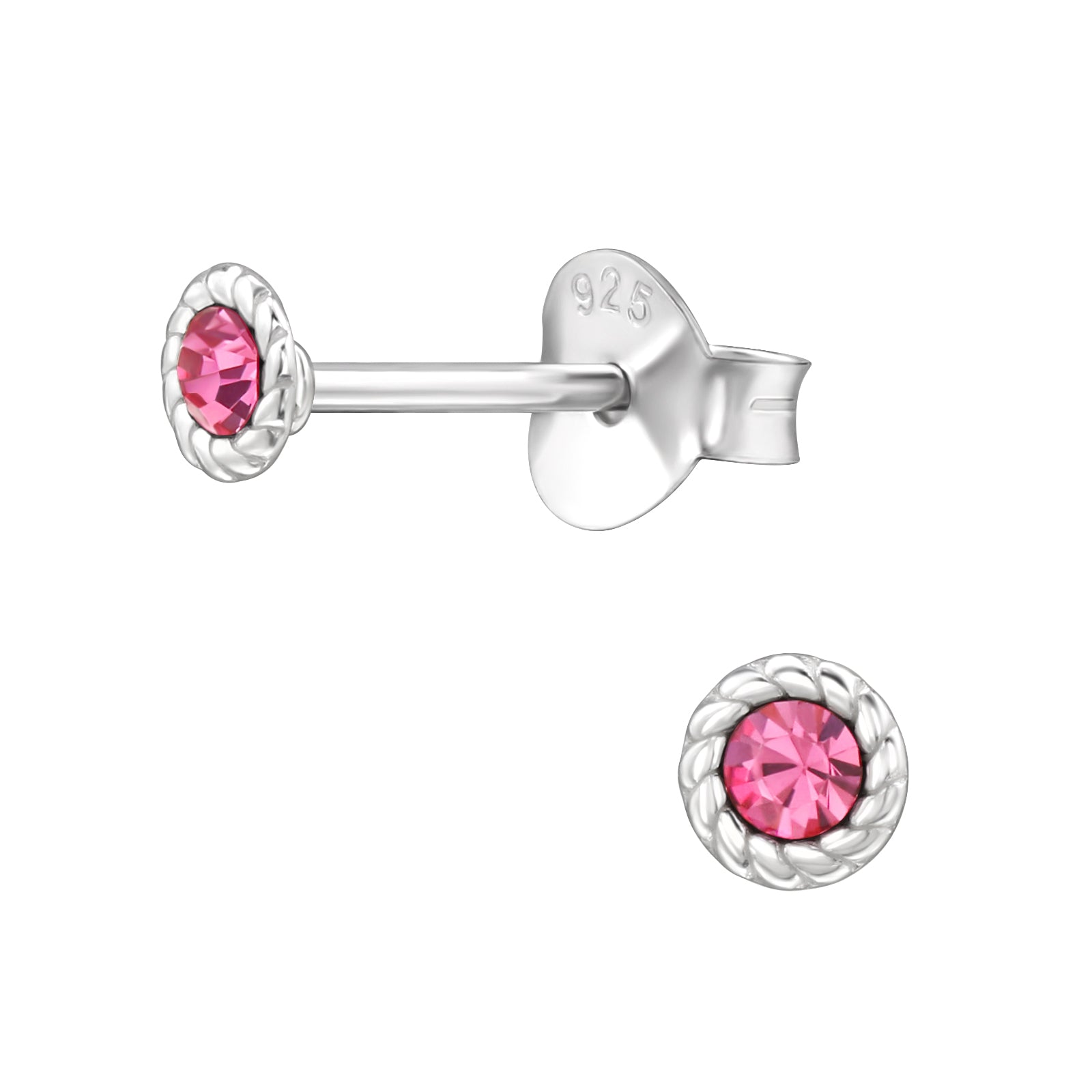 Children's sterling silver stud earrings with pink sparkling crystal. Dětské stříbrné peckové náušnice s růžovým třpytivým krystalem. Kinderohrringe aus Silber mit rosa Kristal.